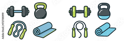Fitness equipment including dumbbells, kettlebells, jump ropes, and mats displayed on a white background for workout planning