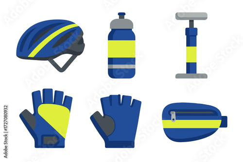 Cycling gear collection featuring helmet, gloves, water bottle, and pump with blue and yellow colors