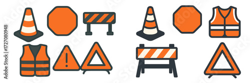 Traffic safety symbols and equipment including cones, barriers, vests, and warning signs displayed in a simple design