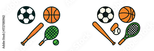 Various sports equipment illustrated with soccer, basketball, tennis, and baseball items on a white background