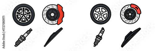 Detailed diagram showing components of a car's braking system and spark plugs in a simple illustration