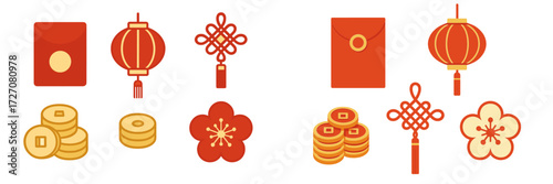 Chinese New Year symbols featuring red envelopes, lanterns, and coins celebrating prosperity and good fortune