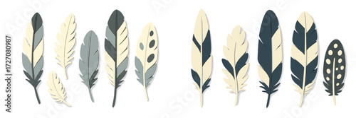 Colorful paper feathers arranged in various designs for creative crafts and decorations