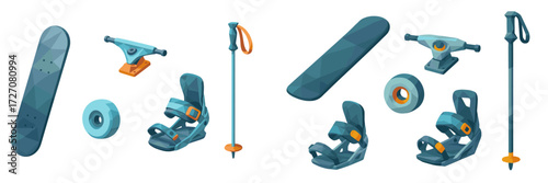 Variety of skateboarding and snowboarding equipment displayed in a colorful and modern design