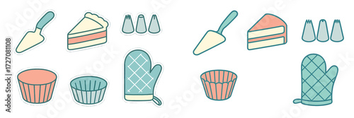 Colorful baking tools and desserts displayed in a fun layout for a baking project or party