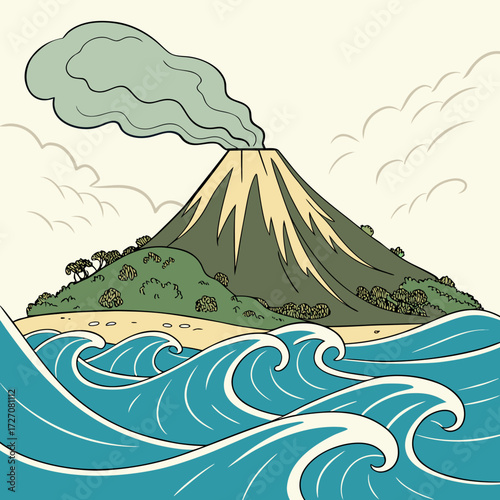 Volcano erupting on a tropical island with ocean waves and cloudy sky