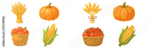 Fall harvest collection featuring pumpkins, corn, tomatoes, and wheat with autumn colors and bounty
