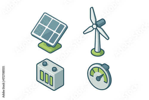 Renewable energy icons showcasing solar, wind, battery, and gauge in a modern design