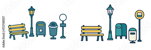 City street scene with benches, trash cans, and lampposts during daytime