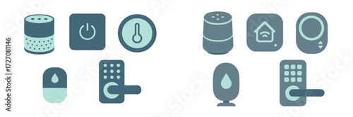 Smart home control icons for managing devices and settings in a modern home environment