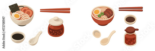 Delicious bowl of ramen served with sauces and chopsticks, perfect for a comforting meal experience at any time