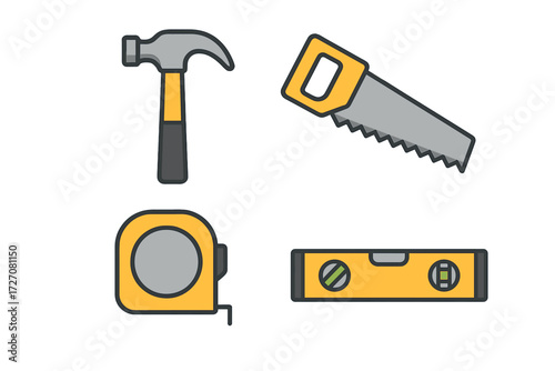Tools used for home repair including a hammer, saw, tape measure, and level on a clean background