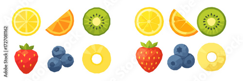 Colorful collection of sliced fruits in a playful design showcasing variety and freshness near a bright background