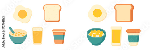 Colorful illustrations of breakfast items including eggs, toast, cereal, and drinks arranged on a white background