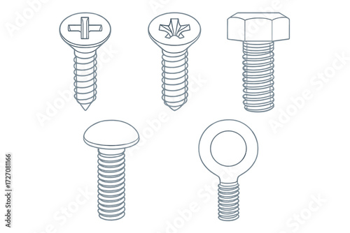 Variety of screws and bolts displayed showing different shapes and designs for various applications and uses in construction and assembly
