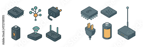 Variety of electronic components including CPU, GPU, battery, and connectivity devices arranged in a neat layout