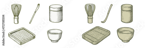 Tea ceremony utensils display with whisk, bowl, and container arranged for traditional Japanese tea preparation