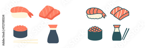 Sushi and sashimi variety displayed with soy sauce, chopsticks, and colorful ingredients at a Japanese restaurant