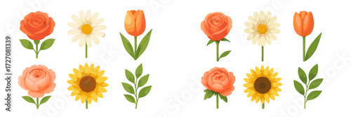 Colorful floral arrangement featuring various flowers and leaves in a vibrant and cheerful design