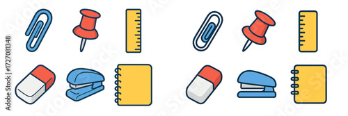 Office supplies collection featuring clips, pushpins, rulers, and notebooks in simple design