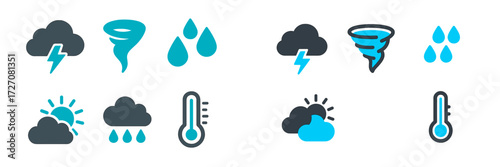 Weather symbols depicting various meteorological phenomena and conditions including storms and temperature