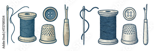 Collection of sewing tools on a white background showcasing spools of thread, buttons, needles, and a thimble