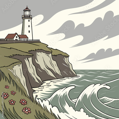Lighthouse on a cliff overlooking the ocean with waves and cloudy sky