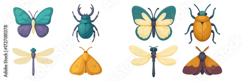 Colorful collection of cartoon insects including butterflies, beetles, and dragonflies displayed against a white background