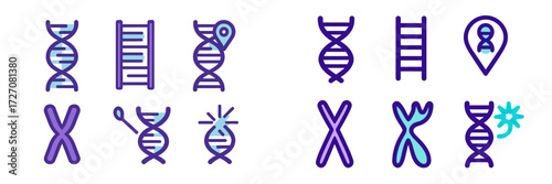 Various stylized DNA icons and symbols showcasing genetic concepts in a simple design