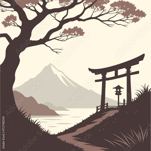 Japanese landscape with torii gate, mountain, and tree illustration