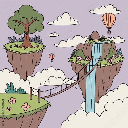 Cartoon floating islands with waterfall and rope bridge in dreamy landscape