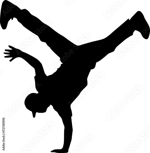 Minimal black and white vector silhouette of a breakdancer holding a freeze move, perfect for posters, urban dance culture, hip hop themes, and modern graphic design
