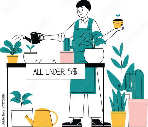 Male vendor smiling while offering small indoor plants and watering tools at garden-themed flea market stall