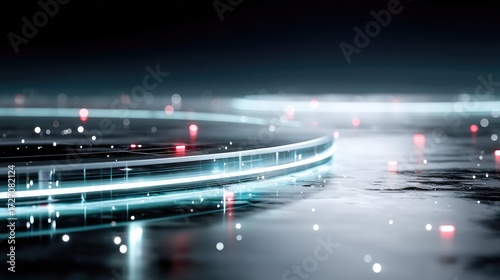 Abstract Glowing Blue Circle on Dark Reflective Surface with Red Accents and Shallow Depth of Field