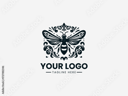 Ornate antique honey bee vector logo with detailed wings and vintage patterns for heritage brand identity
