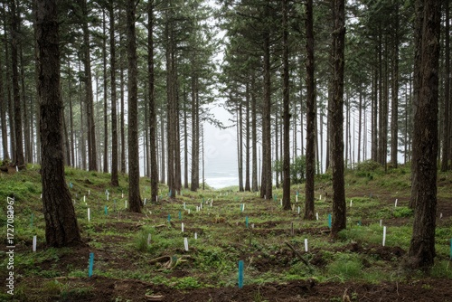 Pine forest vista with markers