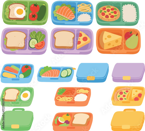 Healthy school lunch box ideas for kids featuring sandwiches, pizza, salmon, cheese, and fresh vegetables perfect for back to school promotions