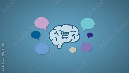 Psychologie des Onlineshoppings: Ein Gehirn mit Einkaufswagen-Symbol, umgeben von Sprechblasen, illustriert die kognitive Beeinflussung beim Online-Kaufverhalten und digitalen Marketing.