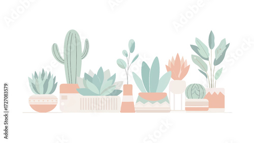 This image is a minimalist vector illustration of indoor potted plants, including succulents, cactus, and leafy houseplants. The design features soft pastel colors in modern decorative pots, creating 