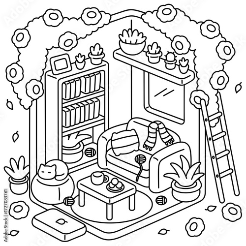Cute living pocket room in spring, easy coloring for kids, vector, illustration, coloring book, coloring page, cozy, cute, bold, comfy