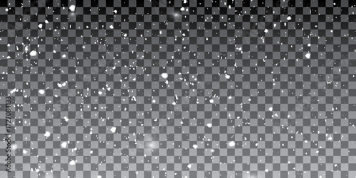 Falling down in slow motion real snowflakes from left to right, calm snow, shot on transparent background