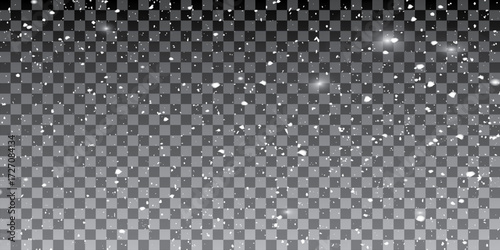 Falling down in slow motion real snowflakes from left to right, calm snow, shot on transparent background