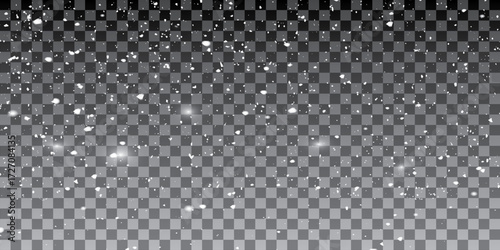 Falling down in slow motion real snowflakes from left to right, calm snow, shot on transparent background