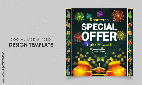 Vector illustration of Happy Dhanteras social media feed template for festive sale offer discounts