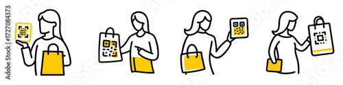 Illustration of women holding shopping bags and QR codes in colorful doodle style
