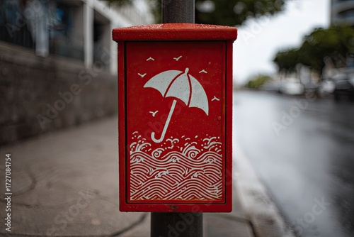 Red box with umbrella and waves design on a street
