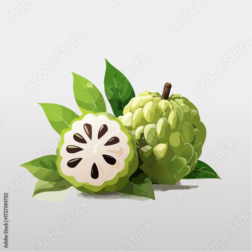 Vibrant ripe custard apple with juicy sweet flesh and fresh green leaves, tropical fruit delight