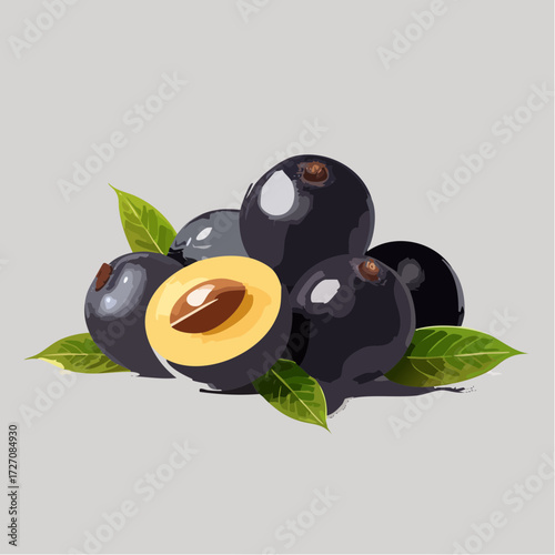 Vibrant purple plums with a single cut half revealing juicy flesh and pit, surrounded by fresh green leaves