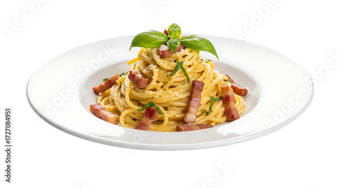 Spaghetti Carbonara with Bacon and Basil on White Plate