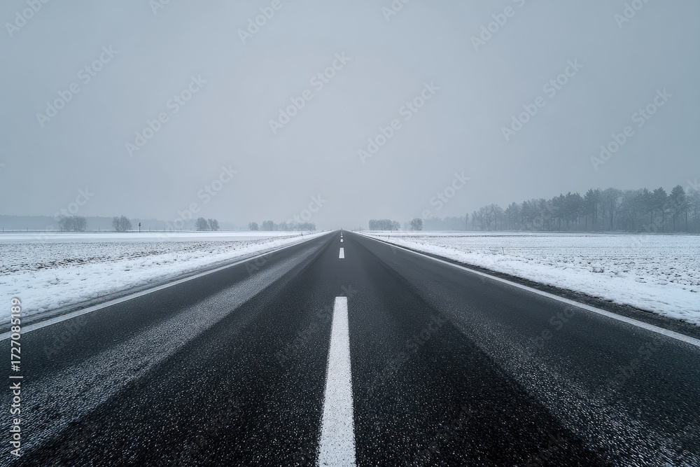Fototapeta premium Empty road stretching into a snowy landscape